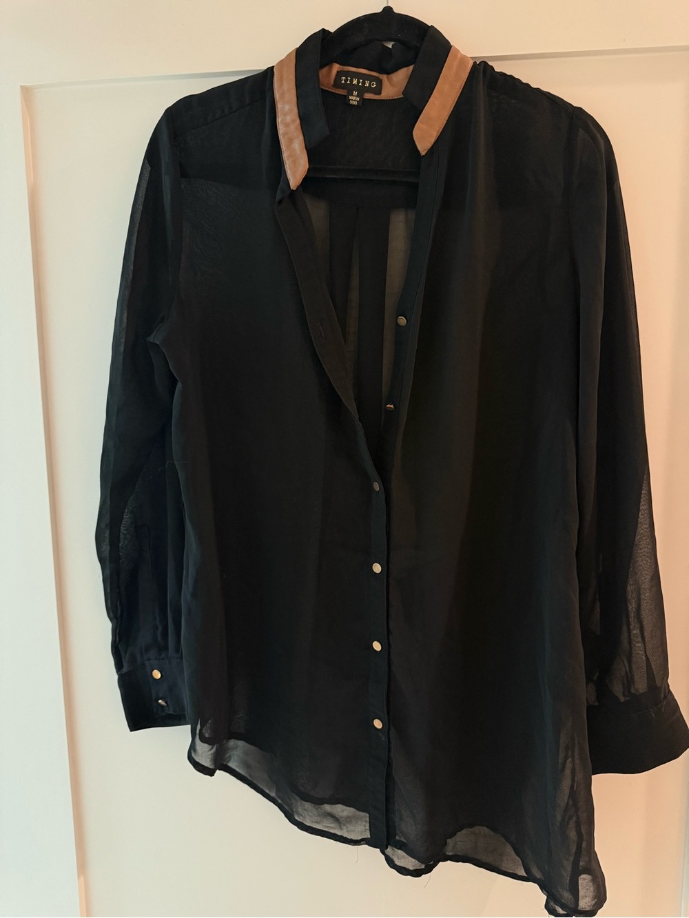 Zara Black Sheer Button-Down Top with Tan Collar Accents